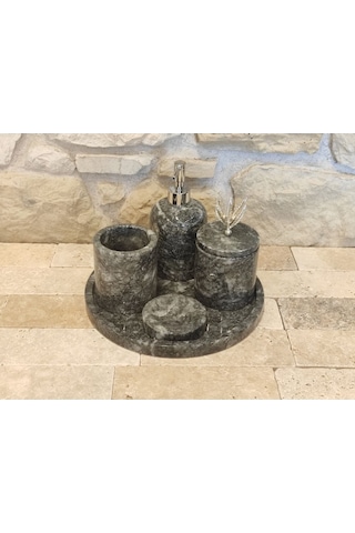 Uludağ Siyahı Mermer 5'li Banyo Seti Köşe Tepsili Beyaz