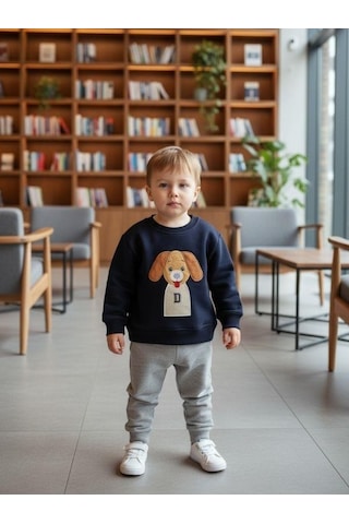 Erkek Bebek Köpek Desenli Sweatshirt-16298 Lacivert