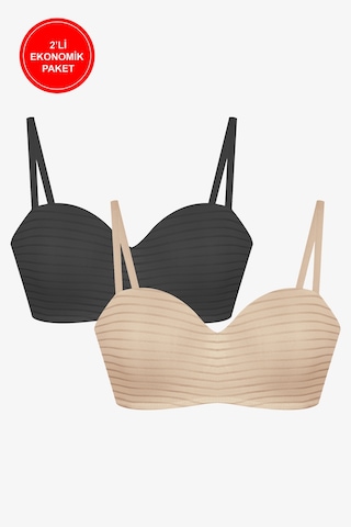 2'li Paket - Kadın Dolgusuz Transparan Çizgili Toparlayıcı Straplez Sütyen Siyah - Ten