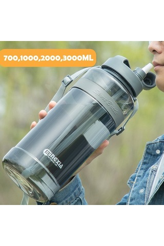 Yeni Spor Içme Suyu Şişesi Saman Ile Bpa Ücretsiz 1000 Ml 2000Ml Plastik Su Içme Şişesi Su Için 1L 1 Litre-1000Ml Mavi-Çift Saman