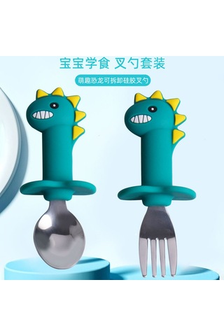 Geeroyoo Bebekler İçin Dinozor Temalı Silikon Kaşık Ve Çatal Seti - Yeşil, Toksik Olmayan, Hafif Ve Pratik