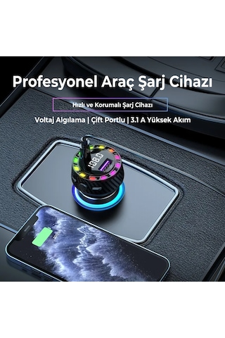 Rgb Işıklı 5.3 Bluetoothlu 30w Usb Type C Hızlı Şarjlı Araç Kiti - Mp3 Çalar, Eller Serbest Modlu