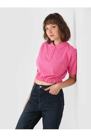 Colin's Normal Kesim Polo Yaka Crop Pembe Kadın Kısa Kol Tişört CL1064048_Q1.V1_PFS