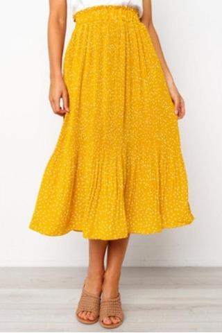 Kadın Yarım Vücut Etek Moda Puantiyeli Cepli Pileli Rüzgar Eteği Uzun Etek Sarı