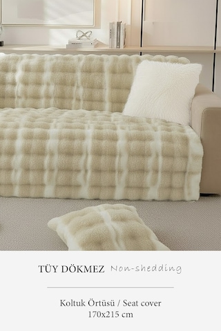 Lüks Kürklü Koltuk Örtüsü 170x215 Cm Yumuşak Peluş Kaymaz Taban Kanepe Örtüsü Bej Krem Bej - Krem