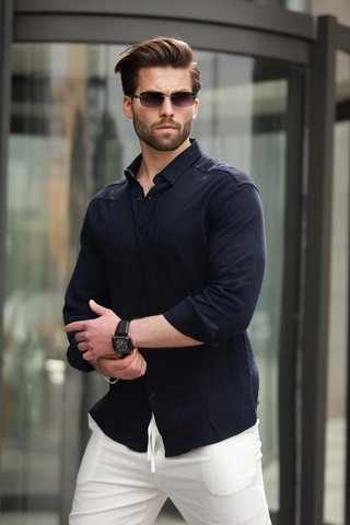 Madmext Lacivert Basic %100 Pamuklu Uzun Kollu Erkek Gömlek E6761 Lacivert