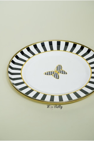 Papilon Emaye 2'li Pasta Tabağı Dekoratif Vintage Servis Tabağı Beyaz - Siyah