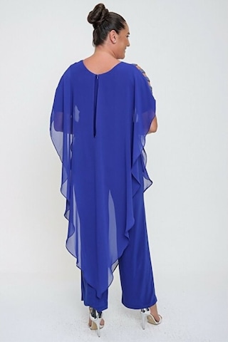 Kadın Tulum Büyük Beden Kol Taş Şeritli Şifon Üstlü Saks