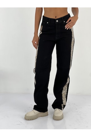Miss Poem Kadın Yanları Leopar Desenli Denim Siyah Kot Pantolon Siyah