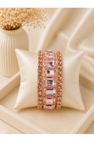 Valmont Accessories Kadın Altın Renk Pembe Taşlı Üçlü Bileklik Seti