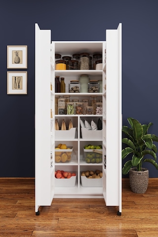 Asra Trend MK-01 %100 MDF 80x180 cm Çok Amaçlı Mutfak Kiler Dolabı Kapak İçi Raflı Erzak Dolabı Beyaz