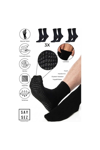 Saysez Erkek Bambu Kaydırmaz Taban Silikon Baskı Hac Umre Tavaf Pilates Yoga Lastiksiz Çorap 3'lü Siyah