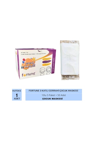Kuteks Fortune 3 Katlı Cerrahi Çocuk Maskesi Beyaz 10lu 5 Paket 50 Adet