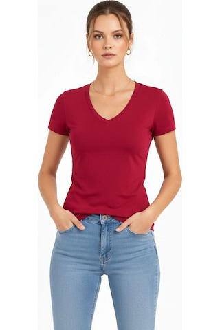 Wear Vexel Kadın T-shirt V Yaka Slim Fit Likralı Tişört Yazlık Basic Body - Kırmızı Bordo