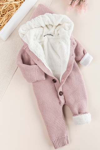 Triko Örme Welsoft Astarlı Kapüşonlu Kışlık Bebek Tulum gül kurusu