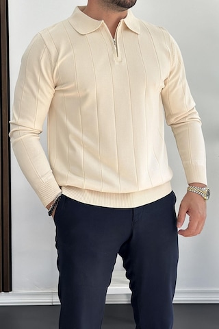 Erkek Yarım Fermuarlı Polo Yaka Mevsimlik Kazak Krem Edw195 Krem