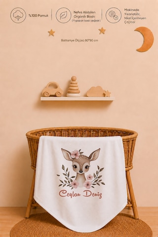 Kız Bebek Hediyesi İsme Özel 80x80 Cm Çift Kat Penye Bebek Battaniyesi %100 Pamuk Ham Bez Kıyafet Keseli 1040bk3x Ekru