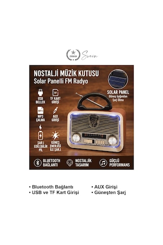 Nostaljikradyo Solar Panelli Retro Fm Radyo Bluetooth Hoparlör Şarjlı Led Fenerli Usb Tf Kart Mp3 Ç