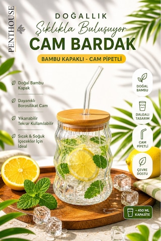 Bambu Kapaklı Cam Pipetli Bardak Sunum Bardağı Dalgalı Tasarım, Soğuk & Sıcak İçecek Uyumlu Şeffaf Cam