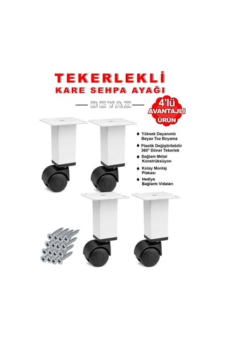 4 Adet Beyaz Kare Plastik Tekerlekli Mobilya Sehpa Ayağı