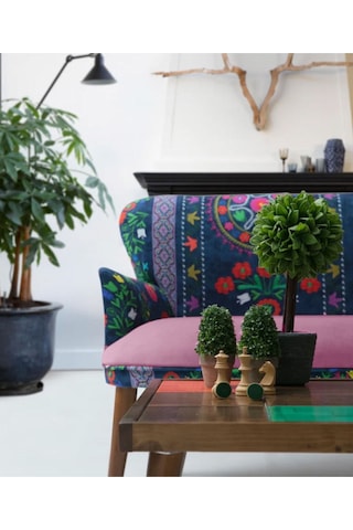 Azra Mobilya Ikili Koltuk -kanepe -balkon Koltuğu -koltuk- Etnik Desen - - Ahşap Ayak - Lila Pembe