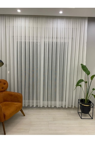 4042 Desenli Modern Ekru Tül Perde 1/2,5 Orta Normal Pileli Ekru