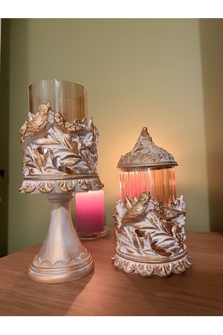 Kuşlu Ayaklı Ve Kapaklı Dekoratif Cam Mumluk & Şekerlik Seti Beyaz Altın Varak Eskitme 2'li Şamdan & Kavanoz 27x12 Cm & 23x12 Cm Çok Renkli 86905866