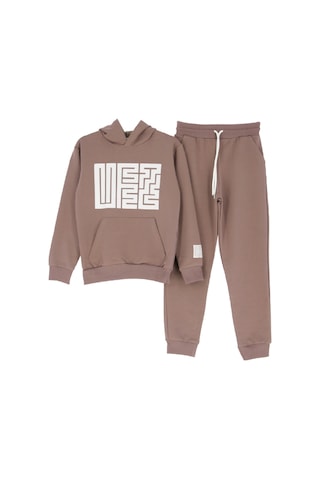 Kız Çocuk 2 İplik Küfe Yazı Görselli Kapüşonlu Alt-üst Takım 12374 Açık Kahve