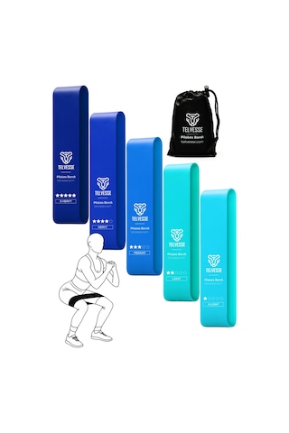 5 Li Çantalı Pilates Direnç Bandı Seti Egzersiz Squat Aerobik İçin Kapalı Uç Loop Lastik Mavi Mavi