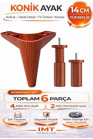 İmt Aksesuar Konik 14 Cm Ceviz Mobilya 6'lı Set Adet Ayağı Robot Süpürgeye Uyumlu Koltuk Tv Ünitesi Konsol Ayağı Beyaz