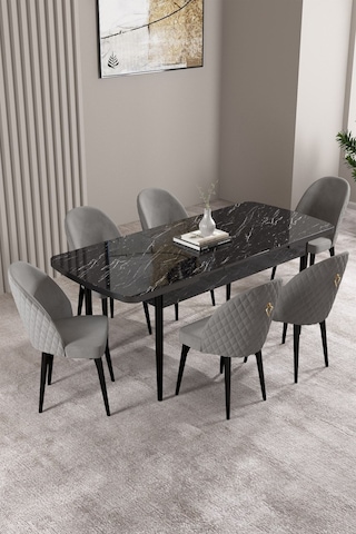 Milas Siyah Mermer Desen 80x132 Mdf Açılabilir Mutfak Masası Takımı 6 Adet Sandalye Gri