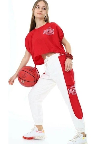 Kız Çocuk Yanları Şerit Detaylı Kargo Cepli Eşofman Altı-13738 Beyaz