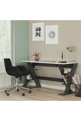 Pasific Home Lungo Raflı Çalışma Masası, Ofis Masası, 60X140 Cm, Antrasit&Beyaz Antrasit  -  Beyaz