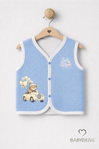 Babyden's Erkek Bebek Yelek Pamuklu Çıtçıtlı Elmas Jakarlı Ayıcık Baskılı Yenidoğan Bebek Yeleği Mevsimlik Mavi