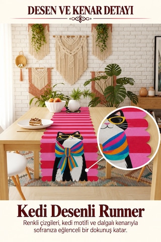 Vivanni Home Yıkanabilir Dikdörtgen Runner Günlük Kullanıma Uygun, Pratik Ve Uzun Ömürlü Pembe Kedi