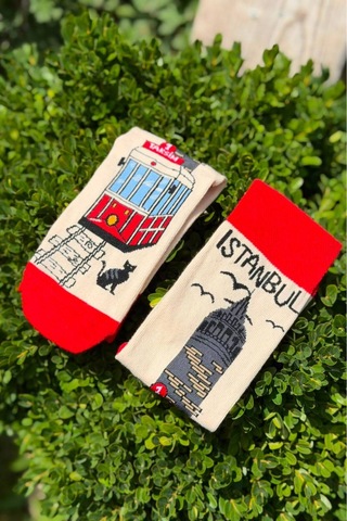 Lousocks Unisex İstanbul Nostaljik Tramvay Desenli Krem Soket Çorap