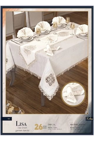 Lisa Linen Krem 26 Parça 12 Kişilik Premium Çeyizlik Yemek Takımı Masa Seti Çok Renkli