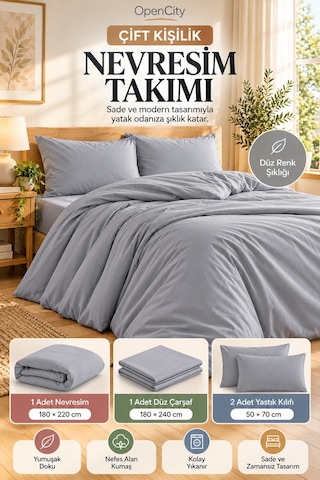 Çift Kişilik Gri Nevresim Takımı 4 Parça Düz Renk 180x220 Nevresim 180x240 Çarşaf 2 Yastık Kılıfı Ev