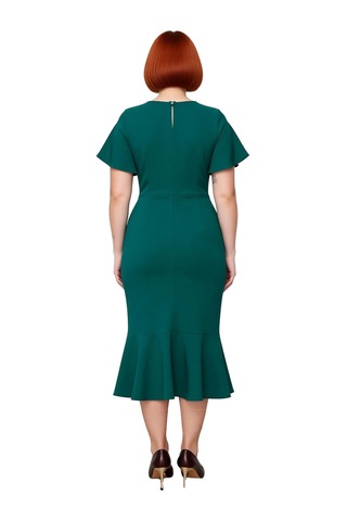 Ersefa Kadın Büyük Beden Şık Midi Elbise Dokuma Kumaş Melek Kol Bodycon Koyu Yeşil