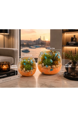2 Li Üfleme Cam Teraryum Saksı Seti Turuncu Mavi Benekli Dekoratif Cam Kase Vazo 15x13 Cm Ve 18x17 Cm
