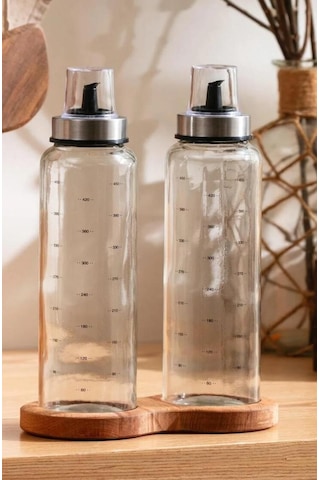 Ahşap Standlı Cam Yağdanlık Seti Damlatmaz Kapak 500 Ml 2 Li Set Şeffaf
