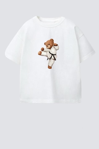 Monila Erkek Çocuk Pamuklu Bisiklet Yaka Karate Ayıcık Baskılı T-shirt Ekru