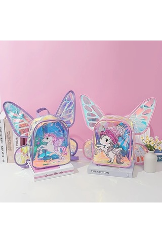 Wangxi 1 Adet Sevimli Ejderha Mini Sırt Çantası Küçük Mor Tek Boynuzlu At Büyük Kelebek Kanatları Şeffaf Tpu Ayarlanabilir Askı Fermuar Kapatma Hafif Kolej İçin Doğum Günü Hediyesi Altın