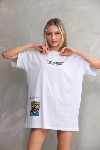 Primemagazam Kadın Bisiklet Yaka Baskılı Oversize T-shirt - Beyaz Çeşitli