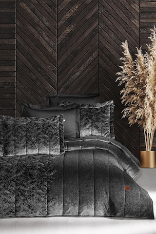 Lucie Jakar Kadife Mürdüm Çift Kişilik Yatak Örtüsü Takımı Siyah Bej