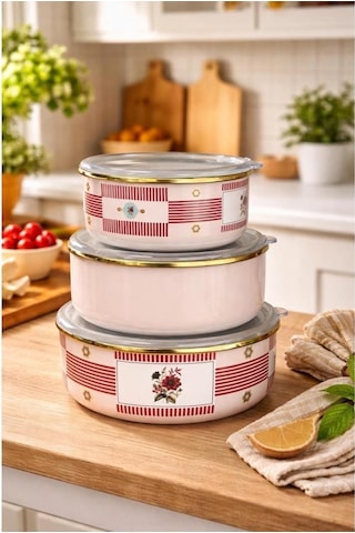 Acar Chloe Collection Emaye 3lü Saklama Kabı Xap-10351 Kırmızı