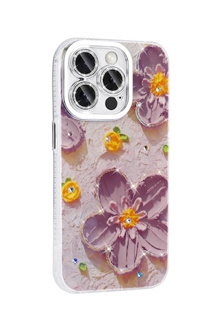 Zore Apple Uyumlu iPhone 15 Pro Kılıf Çiçek Desenli Parlak Taşlı Sert Silikon Garden Kapak - P Pembe Açık