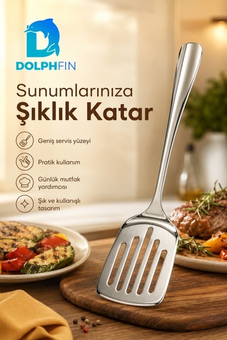26 Cm Paslanmaz Çelik Delikli Servis Spatulası Uzun Saplı Geniş Yüzeyli Gümüş