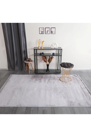 Açık Gri Fluffy Düğüm Saçaklı Post Peluş Halı Kaymaz Taban