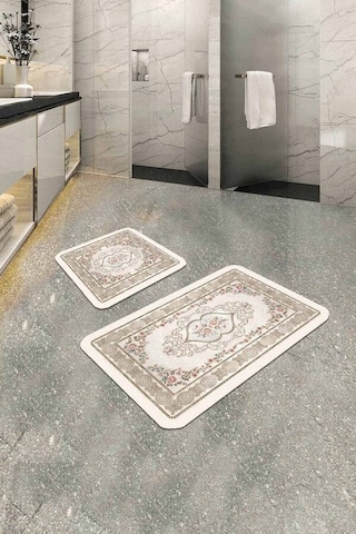 Bej Modern Klasik Banyo Halısı Klozet 2'li Paspas Seti Bs277n11